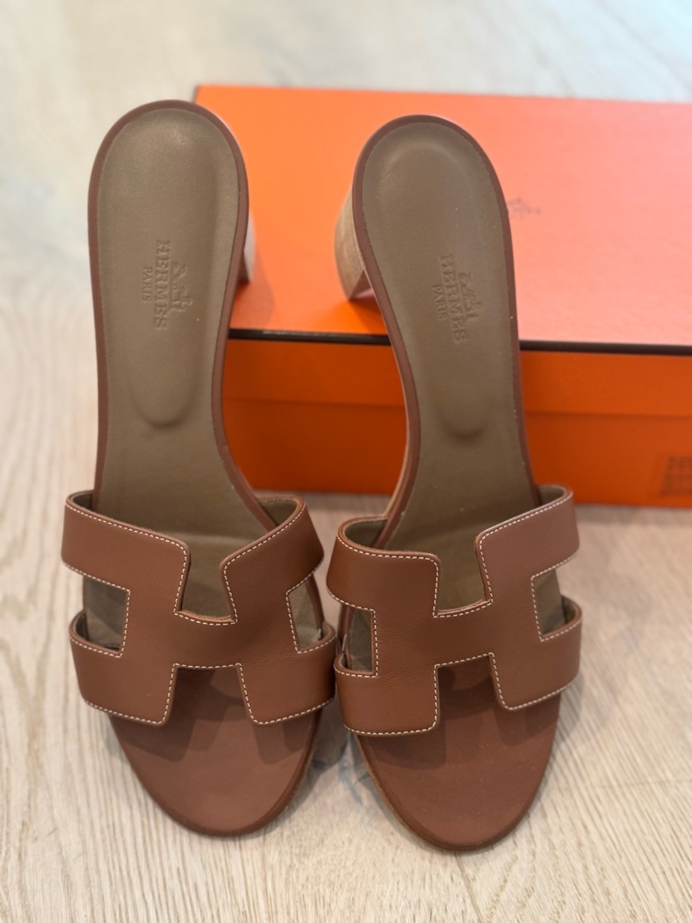 Brown Hermes color gold Oasis Leather Slide Sandals 39.5